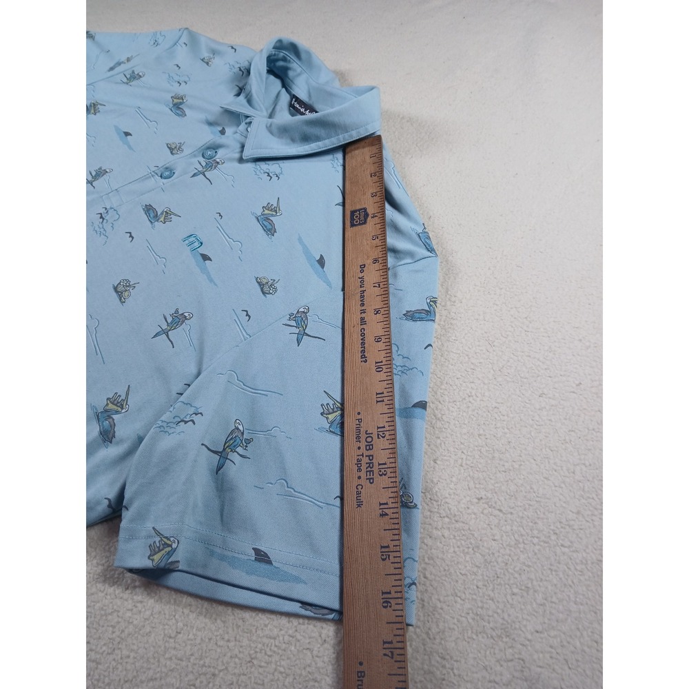 TravisMathew Mens XL Blue Tropical Parrot Pelican Shark Print Golf Polo Shirt - Picture 5 of 5